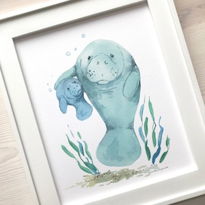 Mama and Baby Manatee Watercolor, Fine Art Print, Manatee Print, Mothers Day Gift, Personalized Gift,  Nautical Nursery, First Mother's Day