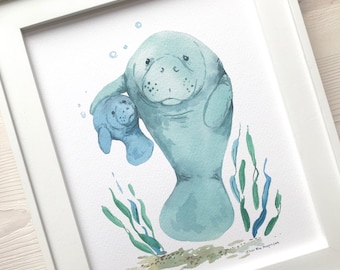 Mama and Baby Manatee Watercolor, Fine Art Print, Manatee Print, Mothers Day Gift, Personalized Gift,  Nautical Nursery, First Mother&#39;s Day