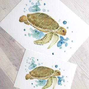 May include: Two watercolour paintings of sea turtles swimming in blue and green water. The larger painting shows a turtle with a brown shell and the smaller painting shows a turtle with a green shell.