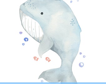 Baby Whale Digital Art Print, Printable Art, Baby Whale Print,  Nautical Print, Whale Watercolor, Nautical Watercolor, Ocean Animals