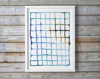 Blue Grid Abstract Watercolor Print, Grid Painting, Minimalist Art, Watercolor Print, Contemporary Art