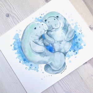 Manatee Watercolor, Two Manatees, Manatee Art, Manatee Wall Art, Nautical Wall Art, Nautical Watercolor, Unique Manatee Gift