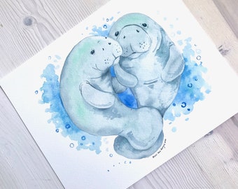 Manatee Watercolor, Two Manatees, Manatee Art, Manatee Wall Art, Nautical Wall Art, Nautical Watercolor, Unique Manatee Gift