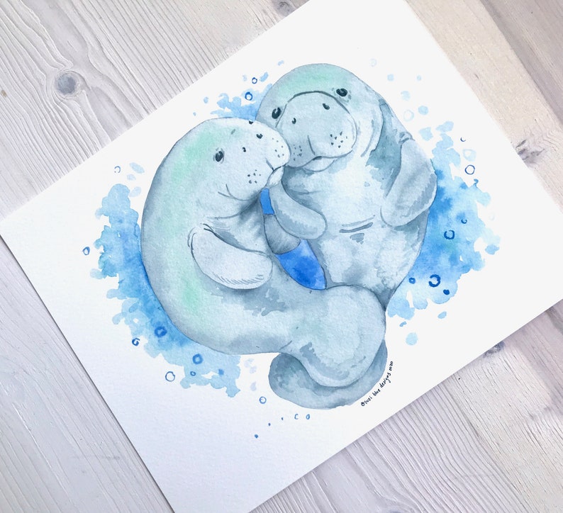 Manatee Watercolor Two Manatees Manatee Art Manatee Wall Etsy