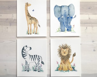 Safari Animal Watercolor Print Set Safari Nursery Decor Zoo Animals Jungle Animals Zoo Nursery Wall Art Baby Shower Gift