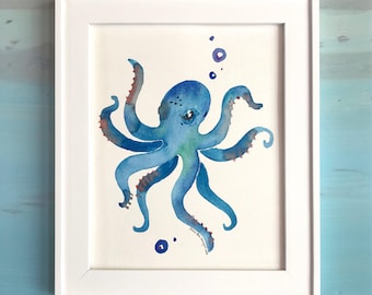 Octopus Aquarelle Print Beach Decor Nautical Nursery Fine Art Print Under the Sea Wall Art Nautical Decor Nursery Decor Enfants Salle de bain Decor
