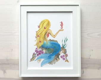 Sitting Mermaid Watercolor Mermaid Decor Girl Room Decor Nautical Bathroom Wall Art Mermaid Print