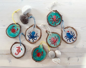 Nautical Hand Painted Christmas Ornaments, Wood Slice Ornaments, Holiday Ornaments, Octopus Ornament, Seahorse Ornament, Crab Ornament