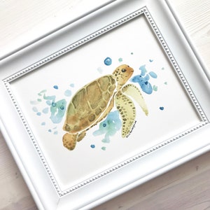 May include: Watercolour painting of a sea turtle swimming in blue and green water with white bubbles. The turtle is brown and green with a yellow shell.