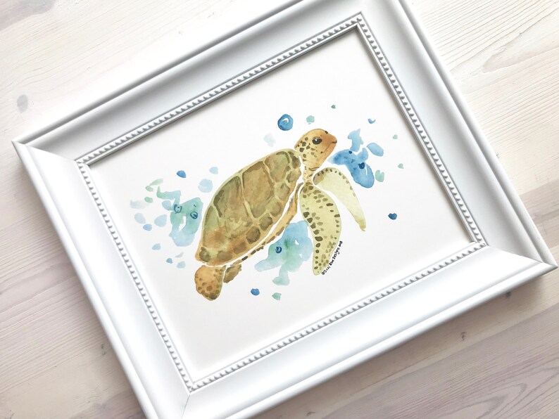 May include: Watercolour painting of a sea turtle swimming in blue and green water with white bubbles. The turtle is brown and green with a yellow shell.