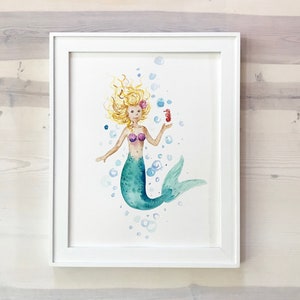 Mermaid Watercolor Art Print Mermaid Decor Girl Room Decor Beach Decor Nautical Nursery Girl Mermaid Ocean Art Wall Art Mermaid Print