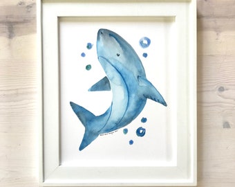 Impression aquarelle de requin, Art mural de requin, Décor nautique, Créature marine, Animaux océaniques, Pépinière nautique, Salle de bain nautique