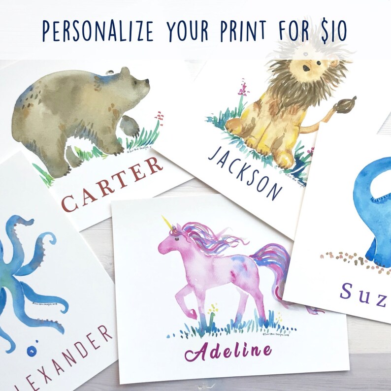 May include: Five watercolor animal illustrations with personalized names. The illustrations include a bear, a lion, a unicorn, an octopus, and a dinosaur. The names are Carter, Jackson, Adeline, Alexander, and Suz.