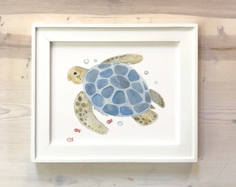 Aquarelle de tortue de mer, Décoration de pépinière, Décoration de pépinière nautique, Décoration de salle de bain, Sous la mer, Imprimé animal océanique, Art mural océanique