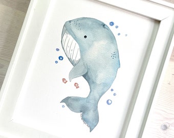 Baby Whale Watercolor Print, Nautical Nursery Wall Art, Nursery Art Prints, Ocean Creatures Wall Art, Ocean Animals Art