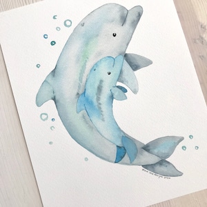 Mama and Baby Dolphin Watercolor Print, Dolphin Wall Art, Nautical Decor, Nautical Nursery, Mom Gift, Baby Shower Gift, First Time Mom Gift