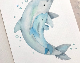 Mama and Baby Dolphin Watercolor Print, Dolphin Wall Art, Nautical Decor, Nautical Nursery, Mom Gift, Baby Shower Gift, First Time Mom Gift