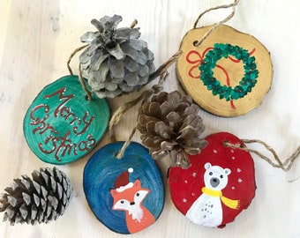 Hand Painted Christmas Ornaments, Wood Slice Ornaments, Holiday Ornaments, Christmas Decor, Holiday Decor, Fox Ornament, Bear Ornament
