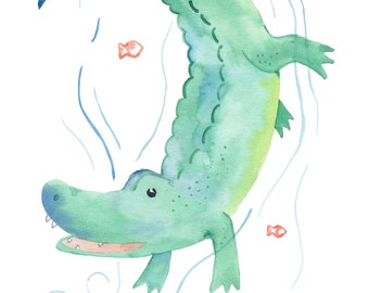 Alligator Watercolor Digital Art, Safari Nursery Wall Art, Safari Nursery Decor, Alligator Print, Alligator Painting, Alligator Artwork