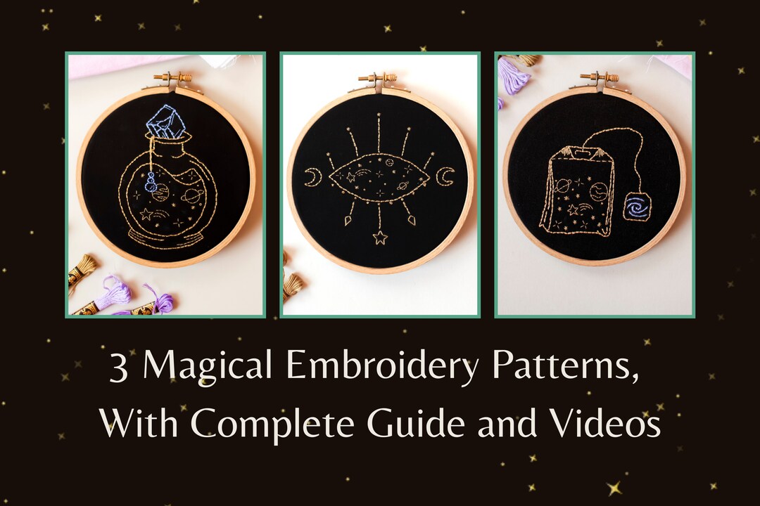 Set of 3 Celestial Embroidery Patterns With Embroidery Guide and Videos