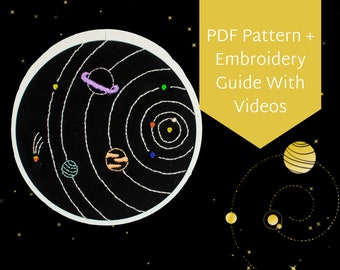 Solar System Embroidery Pattern, Outer Space  Printable PDF File With Stitch Guide And Videos For Beginners. Learn to Embroider. Space Gift