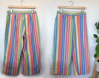 Rainbow Capris / Lightweight Colourful 3/4 Pants / Blue Green White Pink Orange Yellow Striped Bottoms / Summery Clothes / High Waist Pants