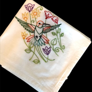 Hand-embroidered Dish Towels - Hummingbird Collection- Vintage Look, Flour Sack Towels