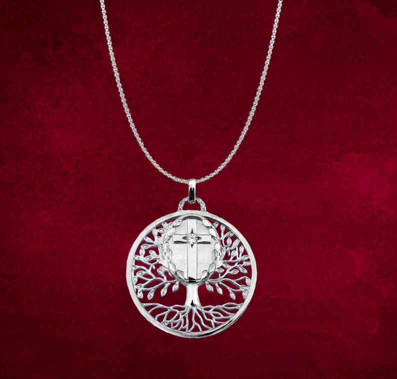 Simple Everyday Necklace Silver Tree Of Life Necklace Pendant With Cross Girlfriend Gift Family Tree Gift For Her Gift Pouch