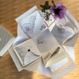 Moederdag, bruiloft, Pasen, exploderende doos Cricut patroon downloaden, huwelijkscadeau, fancy pop-up kaart, explosie vak kaart