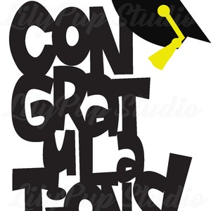 May include: Black and yellow graduation cap with the word "CONGRATULATIONS" in black letters.