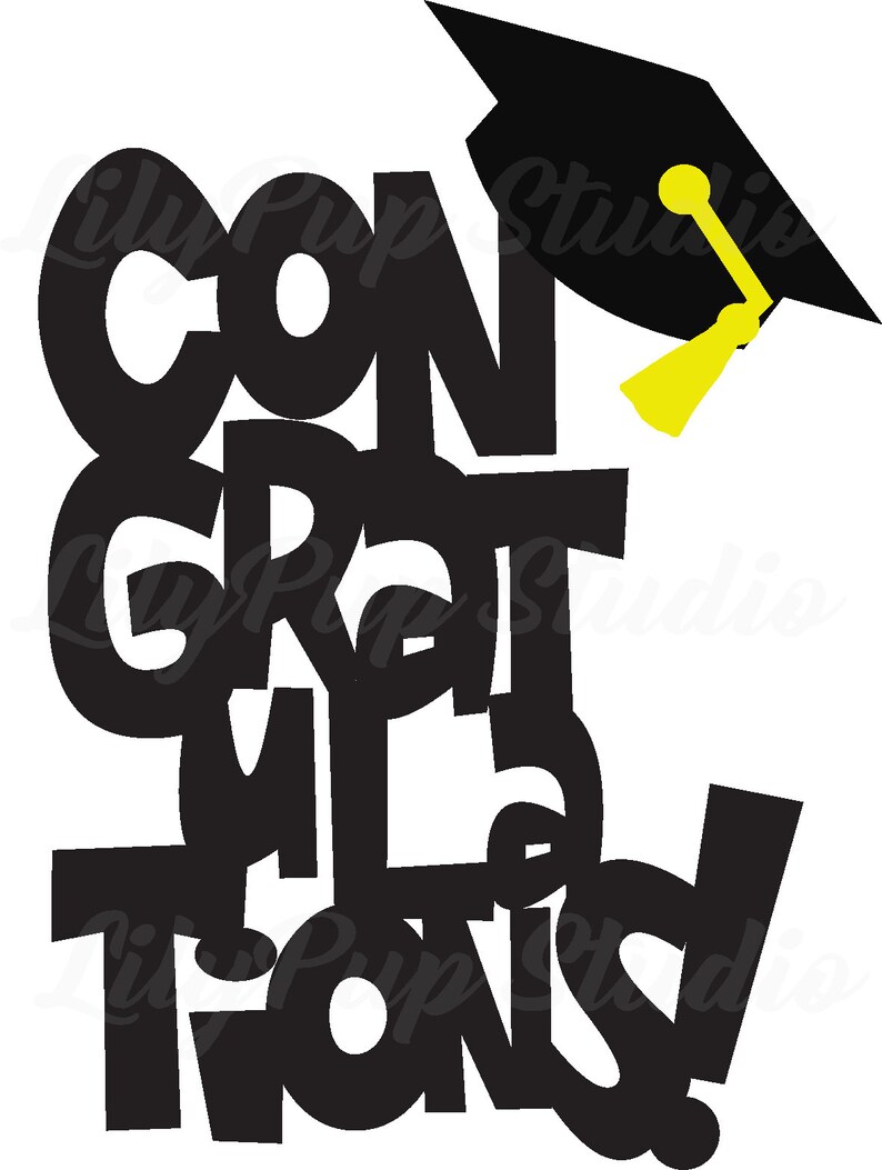 May include: Black and yellow graduation cap with the word "CONGRATULATIONS" in black letters.