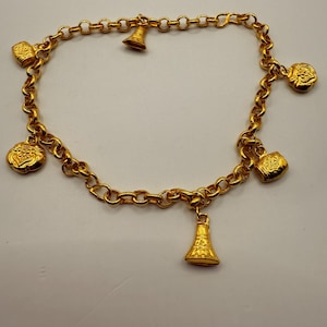 Solid 24K Gold Lotus Charm Bracelet – 9999 Pure Gold – Handmade Lotus & Bell Symbol Charms – 11.4g. #238