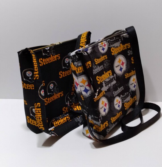 Pittsburgh Steelers Crossbody BagPurse Front Zipper Pocket and Adjustable Strap Black Helmet on Black with Secure Zipper Closure
