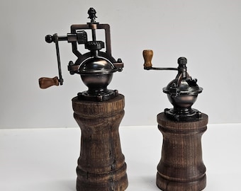Salt and Pepper Mill Set – Antique-Style - Handmade - Steampunk - Black Walnut- SPW SET 25