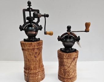 Salt and Peppermill Set - Antique Style – Steampunk - Handmade - Maple Burl Base