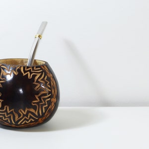 Handcarved Yerba Mate Gourd Sun Design Includes 2 Straws Bombillas Handmade in Argentina Complete Set