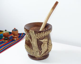 Wooden Yerba Mate Gourd Woodpecker Design - Includes 2 Straws Bombillas - Handmade in Argentina