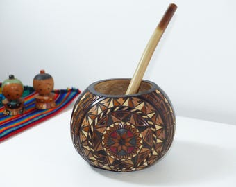 Handmade Carved Gourd Yerba Mate Set: Mandala Design, Bombilla Included