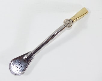 Stainless Steel Straw Bombilla - With Flower Medal and Bronze Mouth - 17.5 cms / 6.9 in -