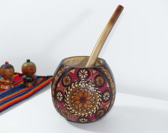 Handcarved Yerba Mate Gourd Cicles Design - Includes 2 Straws - Handmade in Argentina