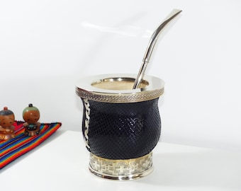 Handmade Genuine Leather Yerba Mate Gourd With Alpaca Rim and Base, Includes 2 Bombillas