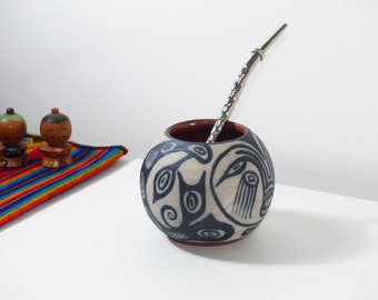 Argenthings Clay Yerba Mate Gourd - Includes 2 Straws Bombillas - Handmade in Argentina