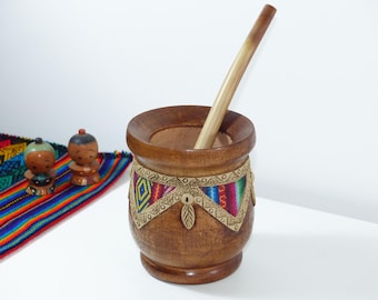 Wooden Yerba Mate Gourd Aguayo Design - Includes 2 Straws Bombillas - Handmade in Argentina
