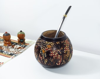 Yerba Mate Gourd, Full Carved Design, Handmade in Argentina