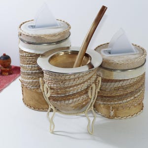 Unique Set of Tiento/Leather Wrapped Gourd + Yerba Mate and Sugar Tins - Includes 2 Straws Bombillas - Handmade in Argentina