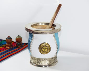 Argentina Leather Wrapped Yerba Mate Gourd With Alpaca Rim and Base - Includes 2 Straws Bombillas - Handmade in Argentina
