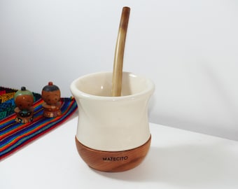 Ceramic Yerba Mate Gourd With Wooden Base - Includes 2 Straws Bombillas - Handmade in Argentina