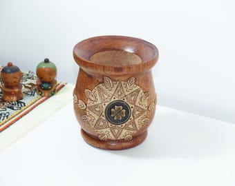 Wooden Yerba Mate Gourd Clover Design - Includes 2 Straws Bombillas - Handmade in Argentina