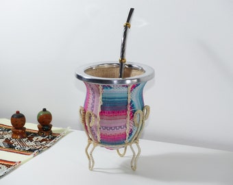 Yerba Mate Gourd Wrapped in Aguayo Fabric with Tiento Stand - Includes 2 Straws Bombillas - Handmade in Argentina