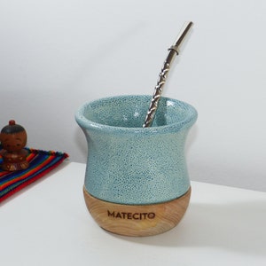 Argenthings Ceramic Matecito Yerba Mate Gourd With Wooden Base - Includes 2 Straws Bombillas - Handmade in Argentina